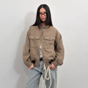 咆哮野兽 arch 卡其色立领千鸟格上衣复古夹克外套 roaringwild