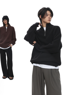 ROARINGWILD 咆哮野兽 黑色保暖半拉链高领卫衣秋冬男生针织毛衣