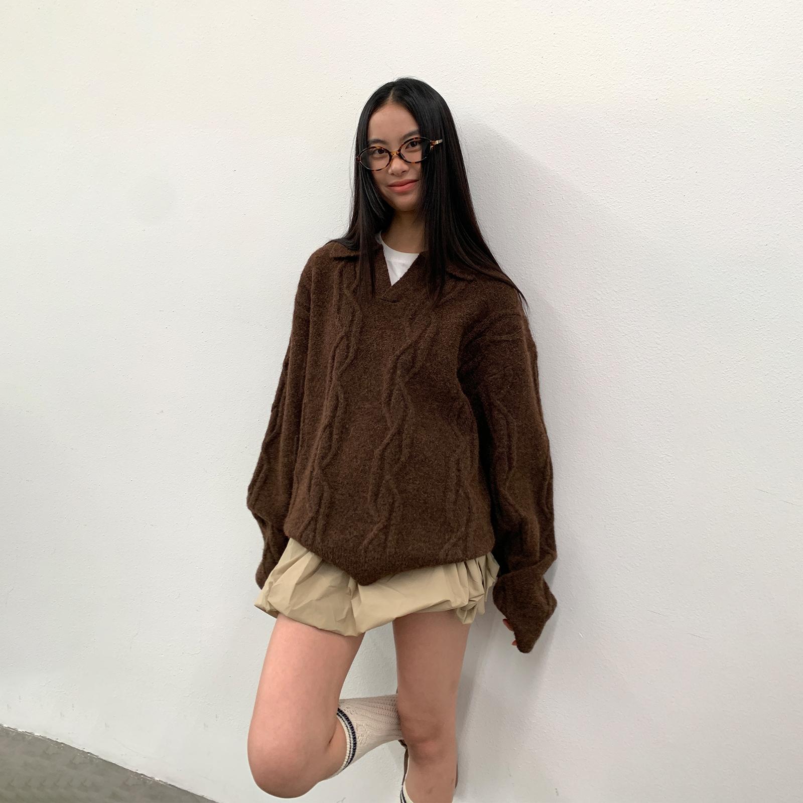 roaringwild a arch 咆哮野兽棕色麻花编织POLO羊毛毛衣