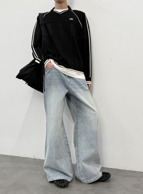 roaringwild a arch 咆哮野兽 浅蓝色阔腿裤水洗美式牛仔长裤男