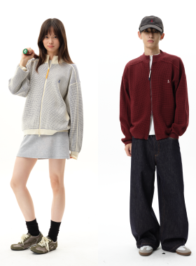 roaringwild a arch咆哮野兽米白色开衫格子外套美式华夫格毛衣男