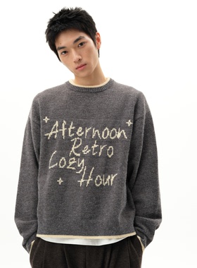 roaringwild a arch 咆哮野兽 灰色圆领上衣宽松休闲套头美式毛衣