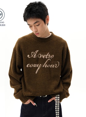 roaringwild a arch咆哮野兽棕色圆领上衣宽松休闲套头美式毛衣男