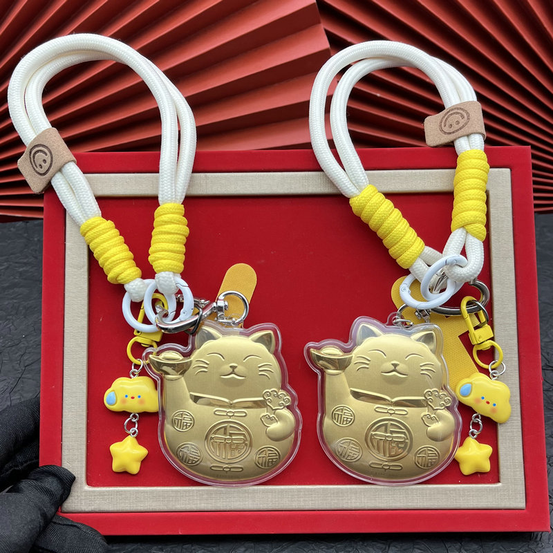 黄金招财猫手机挂绳可爱卡通金片包包链车钥匙扣挂件直播爆款礼品