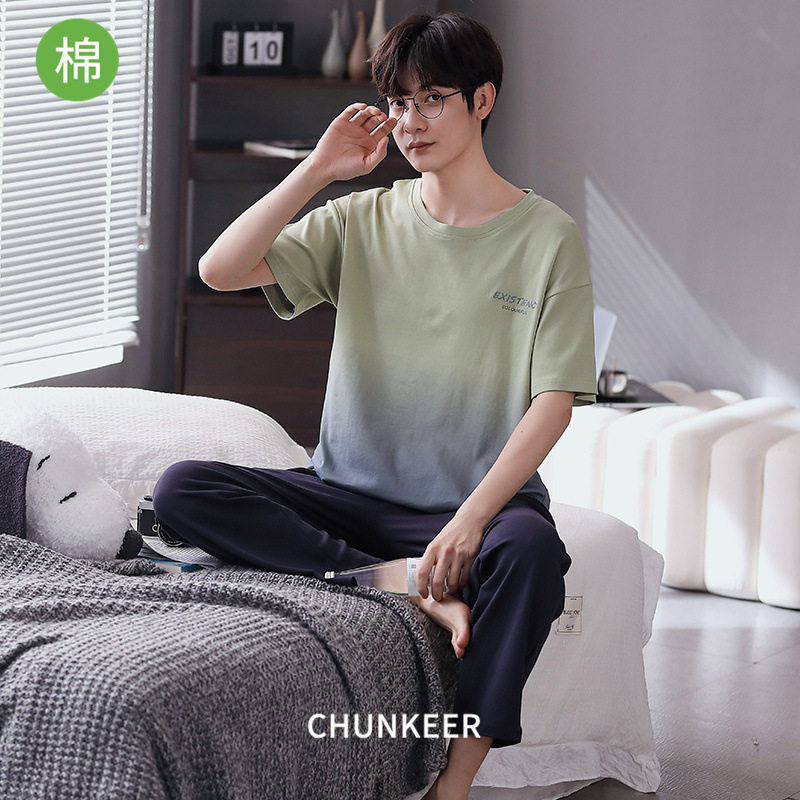 纯棉睡衣男款夏季短袖长裤男士夏天薄款可外穿休闲套头家居服