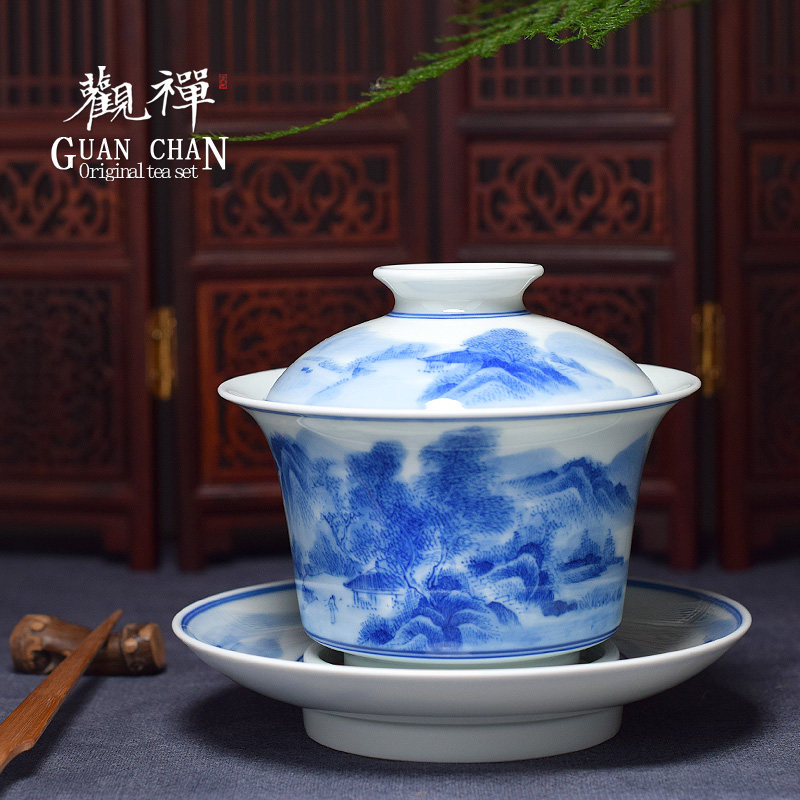 青花瓷盖碗景德镇手绘三才盖碗