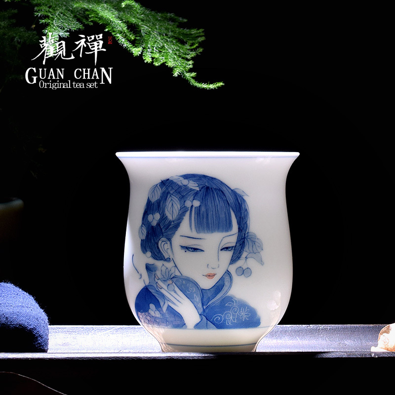 观禅 景德镇纯手绘青花瓷品茗杯主人杯白瓷仕女美女杯精品大茶杯