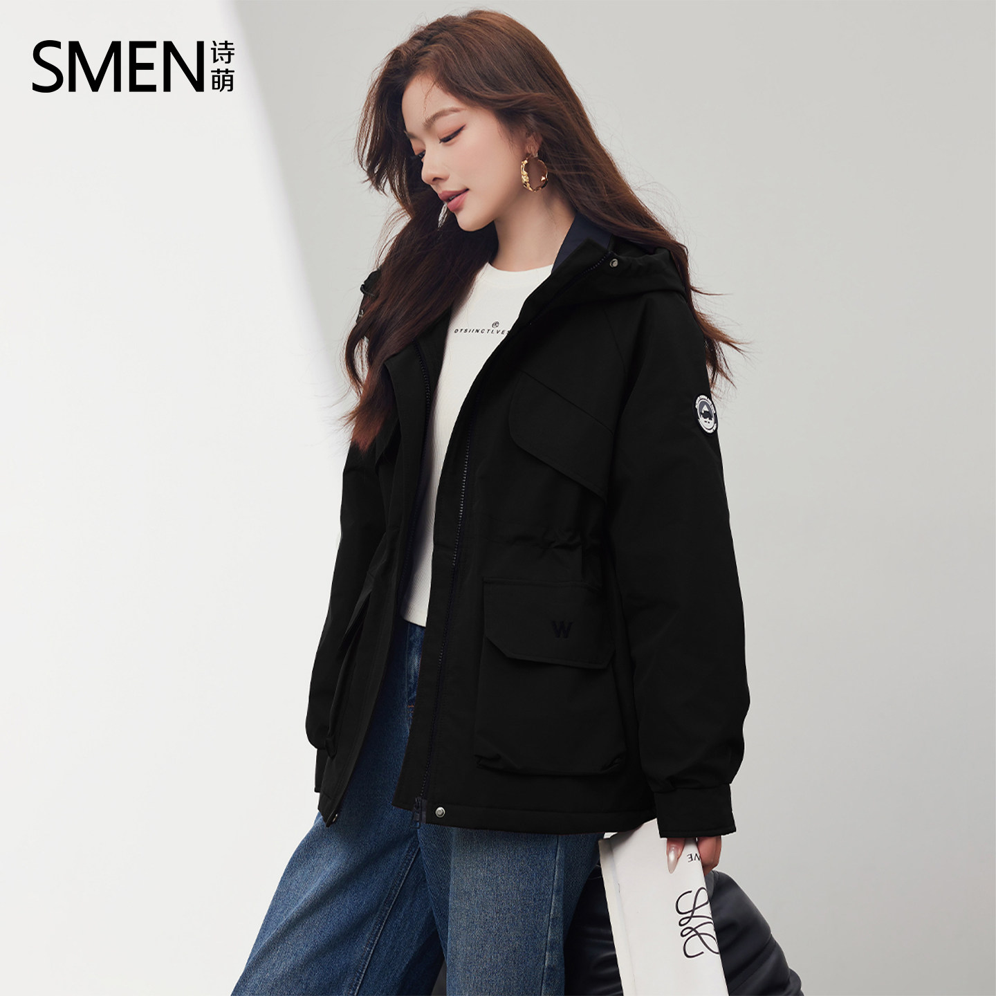 Smen诗萌工装风连帽派克服女黑色防风保暖百搭时尚棉服外套,女装/女士精品,派克服,淘宝优惠券,粉丝福利购,淘宝优惠卷