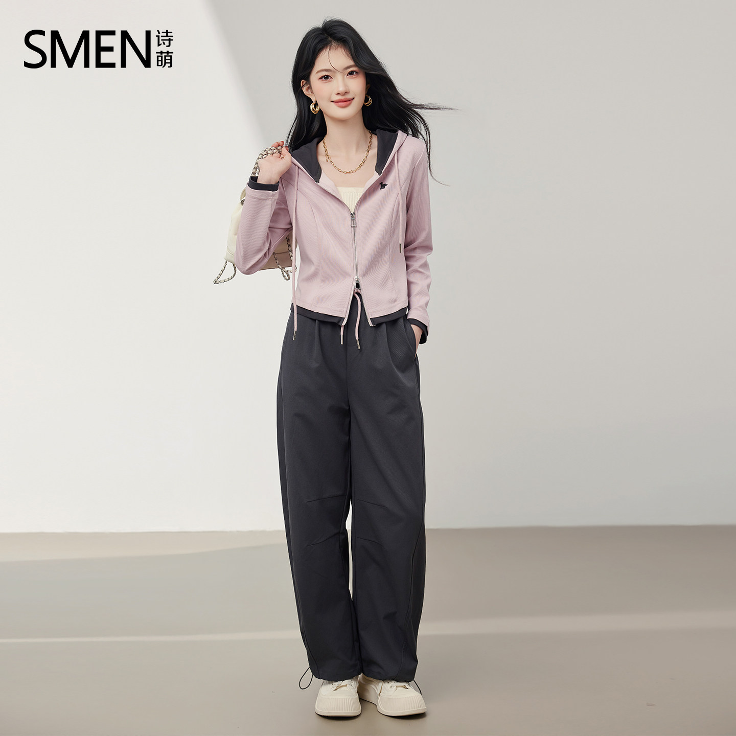 Smen诗萌韩版连帽拉链针织开衫女春季显瘦时尚休闲套装通勤穿搭