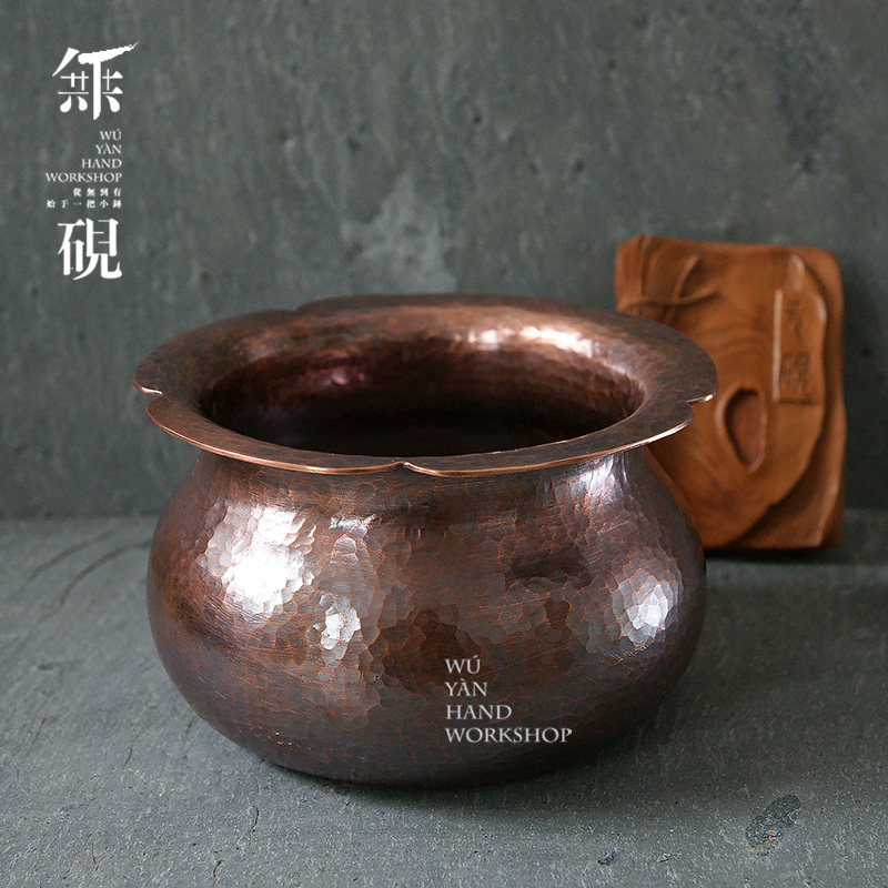 无砚 纯手工紫铜茶洗 纯铜建水笔洗水洗 手打锤目纹水盂铜钵钵盂