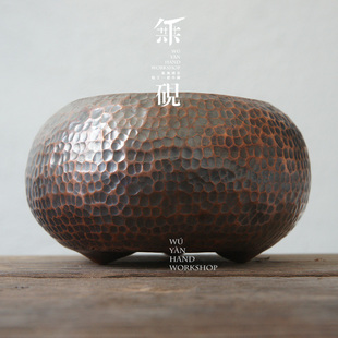 纯手工紫铜 三足 茶洗  水洗 水盂纯铜建水 钵盂 锤目纹