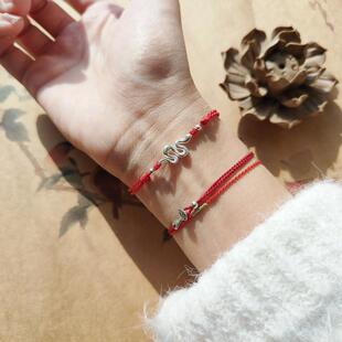白蛇 编织女925银手绳 原创文艺生肖简约设计小蛇本命红绳气质个性