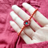 赤莲 原创设计紫晶砂莲花精致绿松石撞色红朱砂喜庆中式 女细手绳