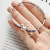 快乐猫 原创999足银傲娇小猫铃铛可爱清新淡紫编织女学生礼物手绳