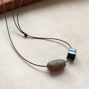 墨痕原创文艺设计天然沉香木珠黑玛瑙石方简约个性气质男女短项链