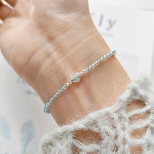 玻璃海 清新天然夏海蓝托帕石迷你小珠文艺弹力925银爱心女细手串