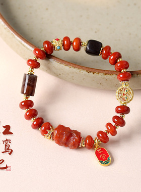 红鸾星情人节国潮南红玛瑙算盘珠单圈手串文玩绿度母藏式复古手链