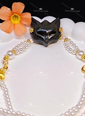 『玄狐月露』黑曜石九尾狐万能轴珍珠手链/手机直拍无滤镜/原创