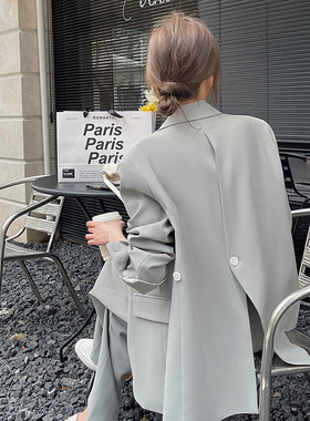 灰色高级感小西装套装女2026春秋季新款休闲西服阔腿裤职业两件套