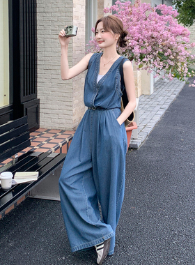 复古休闲松弛感v领无袖牛仔连体裤女2026夏季新款宽松显瘦阔腿裤