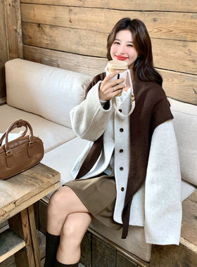 韩系米色双面呢羊毛大衣女加厚