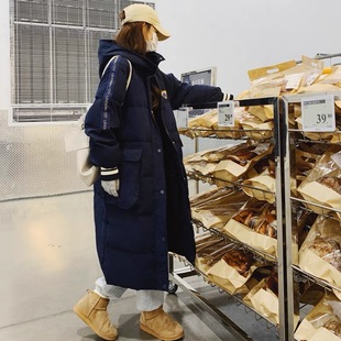 藏青色羽绒服女中长款2025新款韩版学生时尚设计感小众白鸭绒外套