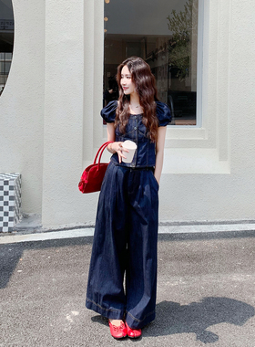 深蓝色复古薄款牛仔套装女2026夏季方领短泡泡袖上衣阔腿裤两件套