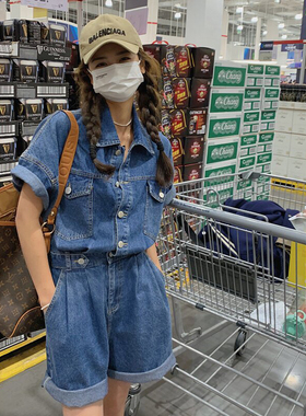 牛仔连体裤女薄款短裤收腰显瘦套装气质连衣裤休闲工装连体衣夏装
