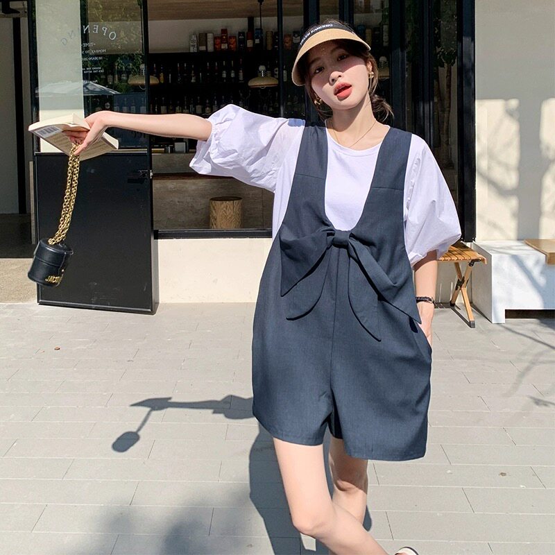 背带裤套装女夏休闲短裤两件套图片