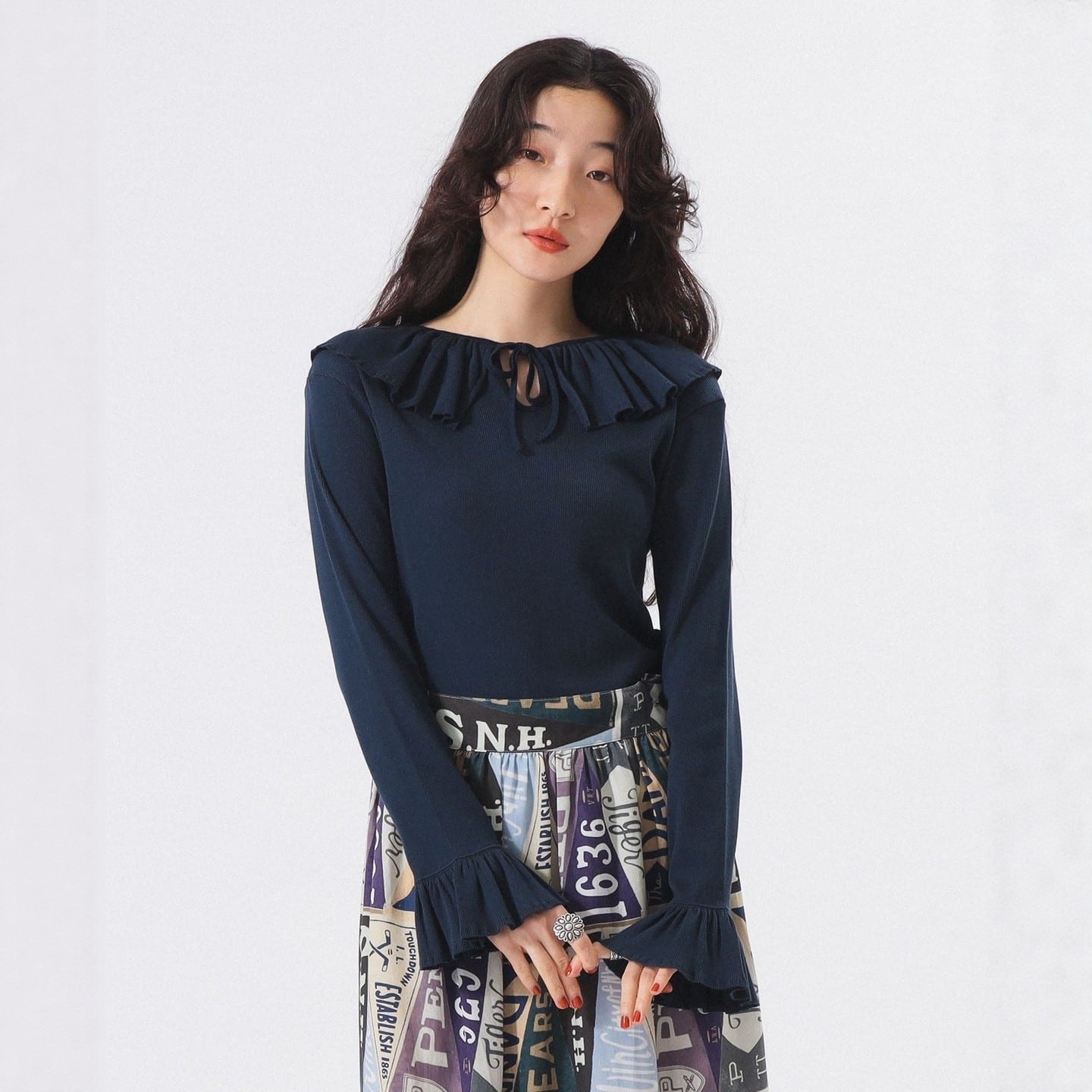 【VIP限时7折】BEAMS BOY 螺纹荷叶边长袖T恤 0515