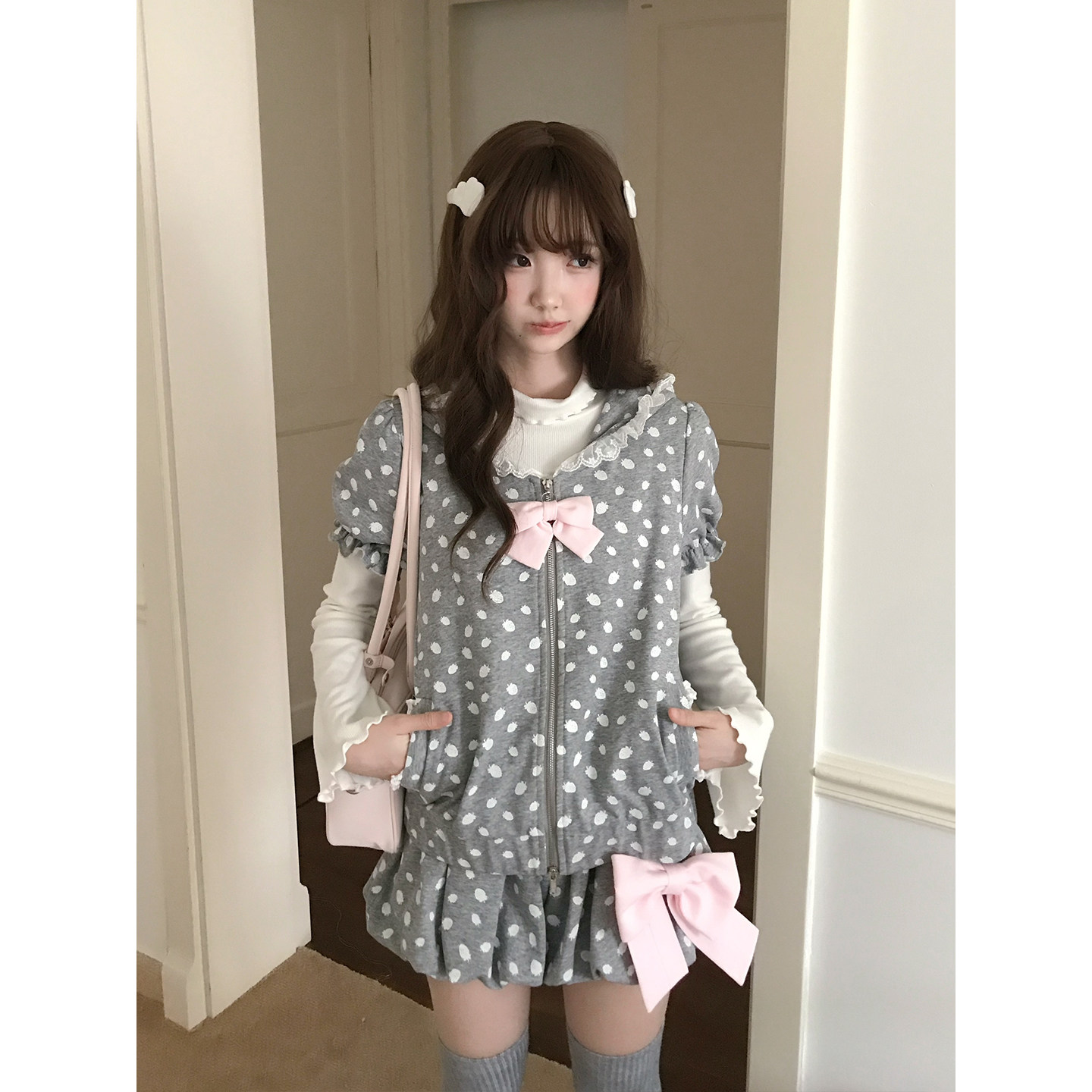 thumbnail for Lala-chan Sesame Strawberry Meow Japanese Sweet Girl Strawberry Print Hoodie Zipper Sweatshirt Bud Shorts Set for Women