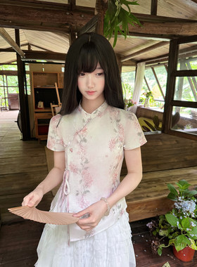 啦啦酱 初禾 新中式盘扣上衣碎花立领斜襟收腰改良国风旗袍短袖衫