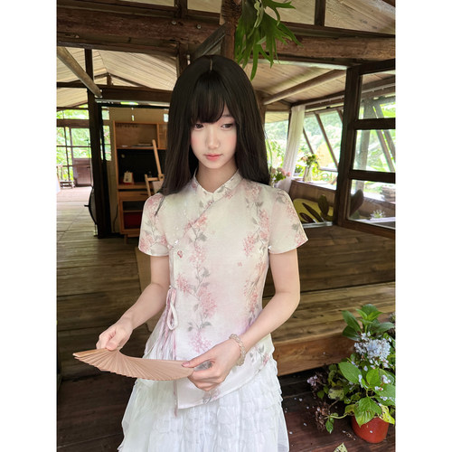 啦啦酱 初禾 新中式盘扣上衣碎花立领斜襟收腰改良国风旗袍短袖衫