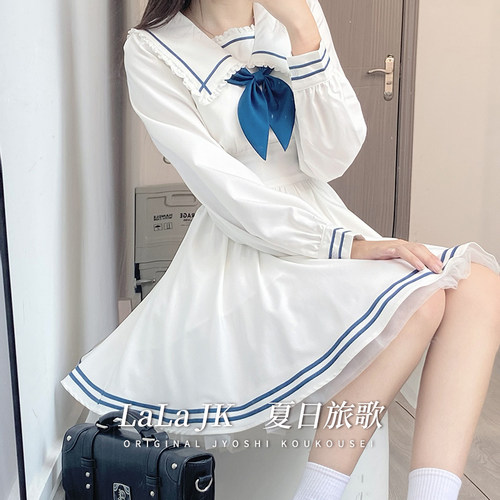 啦啦酱 夏日旅歌 原创设计学院风水手领连衣裙纯色短袖甜美短裙女