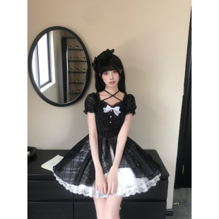 啦啦酱 黑白绪 黑白暗系少女格纹连衣裙交叉绑带撞色蕾丝公主短裙