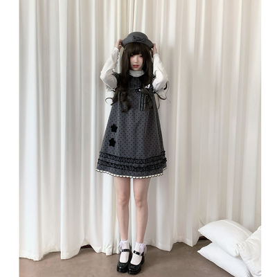 啦啦酱 小星愿 格雷系波点设计感日系蝴蝶结短袖连衣裙