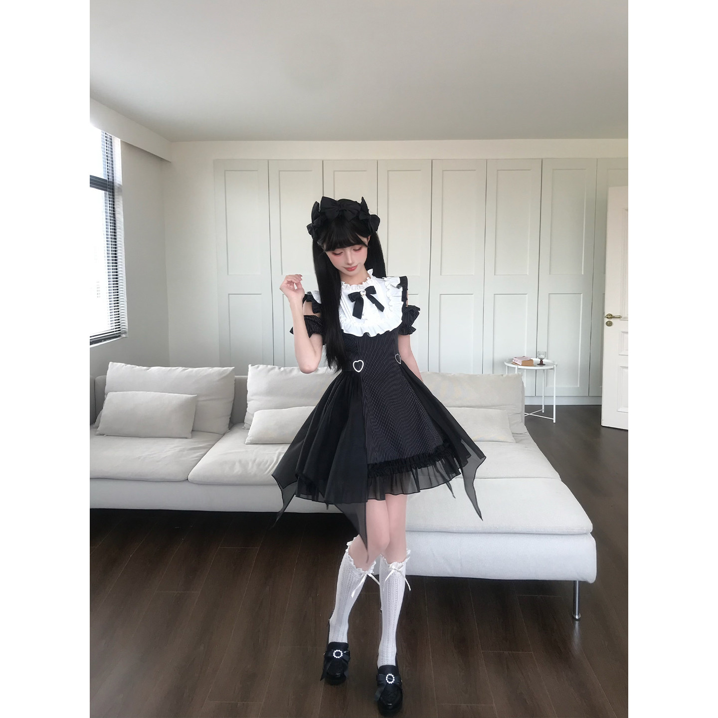 啦啦酱 暗月 雷系千金风连衣裙短袖露肩条纹拼接不对称燕尾纱裙