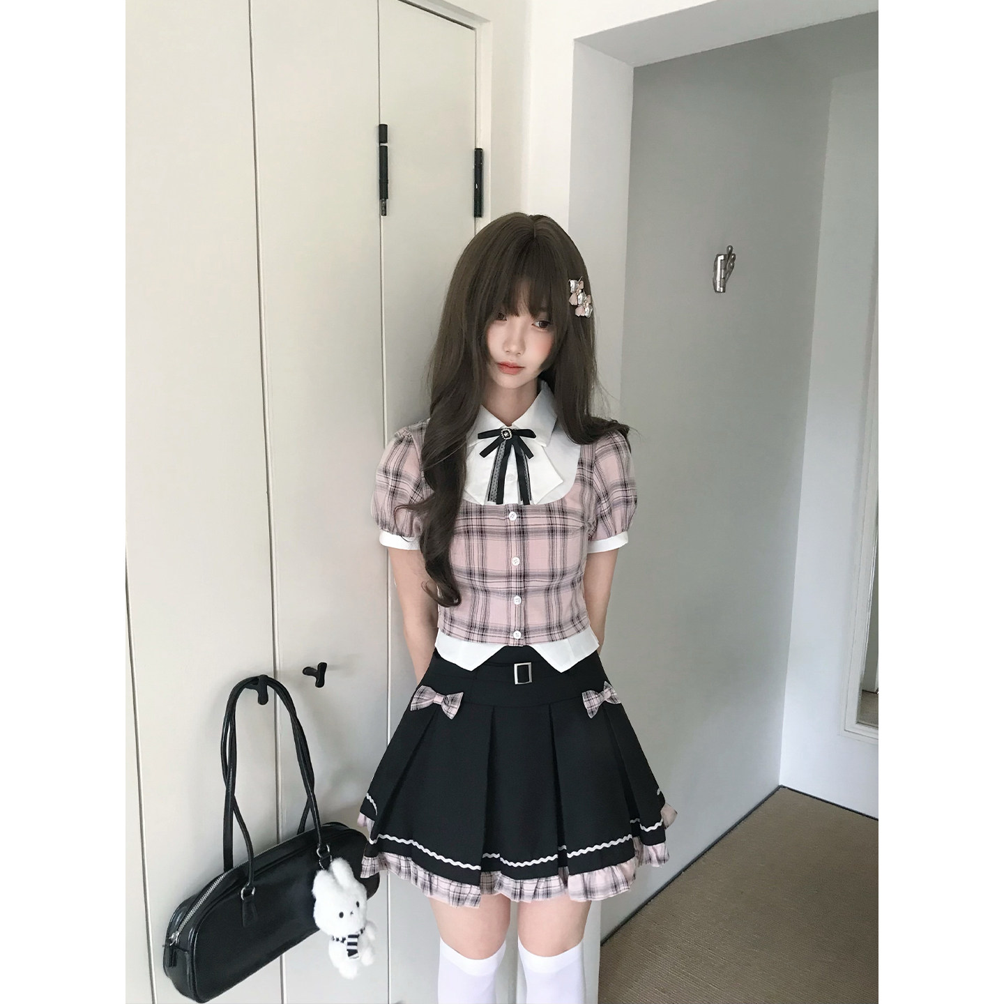 啦啦酱 桥本千绪 学院风格子短袖假两件衬衫可拆卸蝴蝶结短裙套装