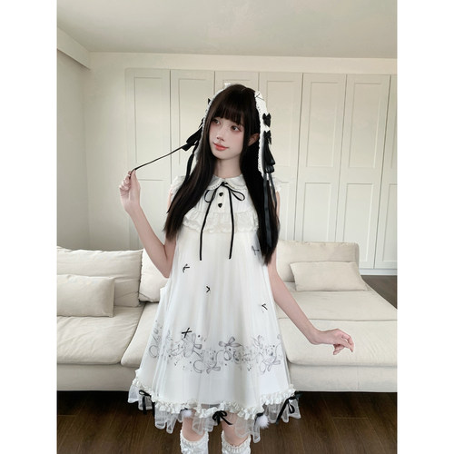 啦啦酱 星落云间兔 兔兔印花甜妹连衣裙娃娃领蝴蝶结网纱蓬蓬裙