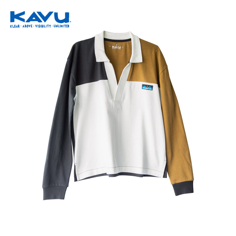 KAVU城市户外个性时尚拼接V领橄榄球衫有机棉长袖polo衫女士2166