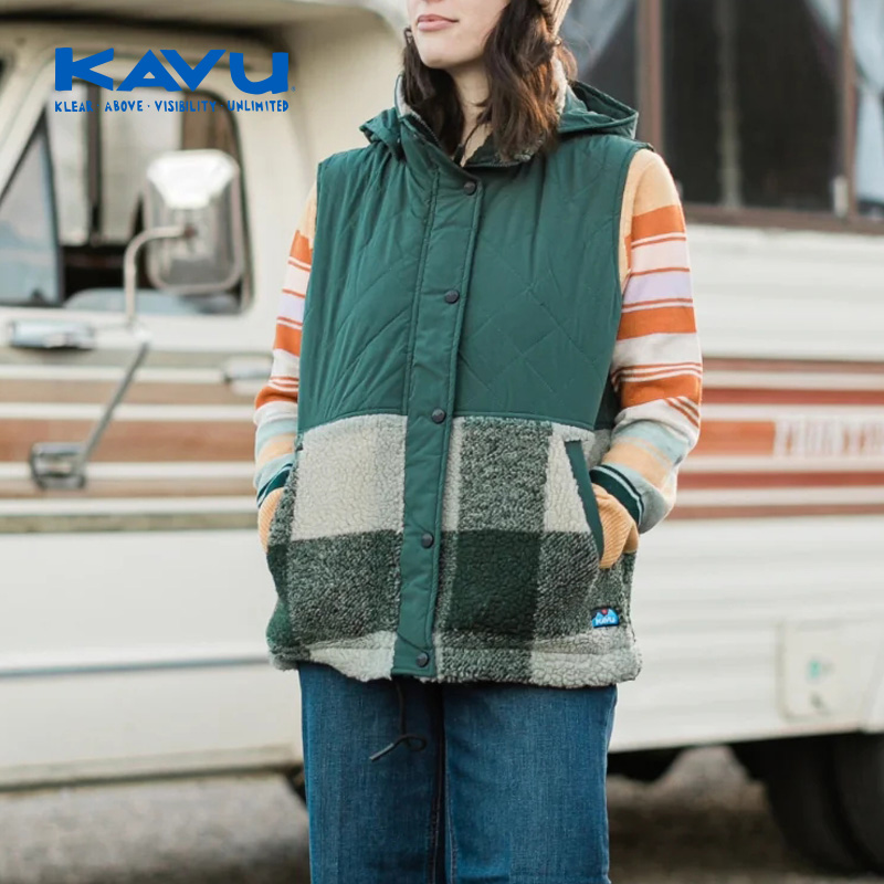 KAVU 抓绒运动马甲女秋冬季带帽立领保暖抓绒外套加绒高级感