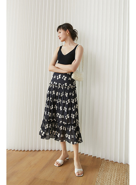 HeyDress碎花半身裙女夏季印花黑色显瘦设计感法式中长款裙子