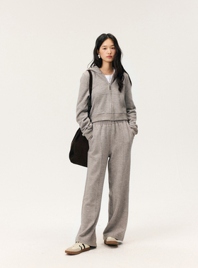 HeyDress灰色磨毛连帽卫衣女春季休闲套装宽松短款上衣直筒休闲裤