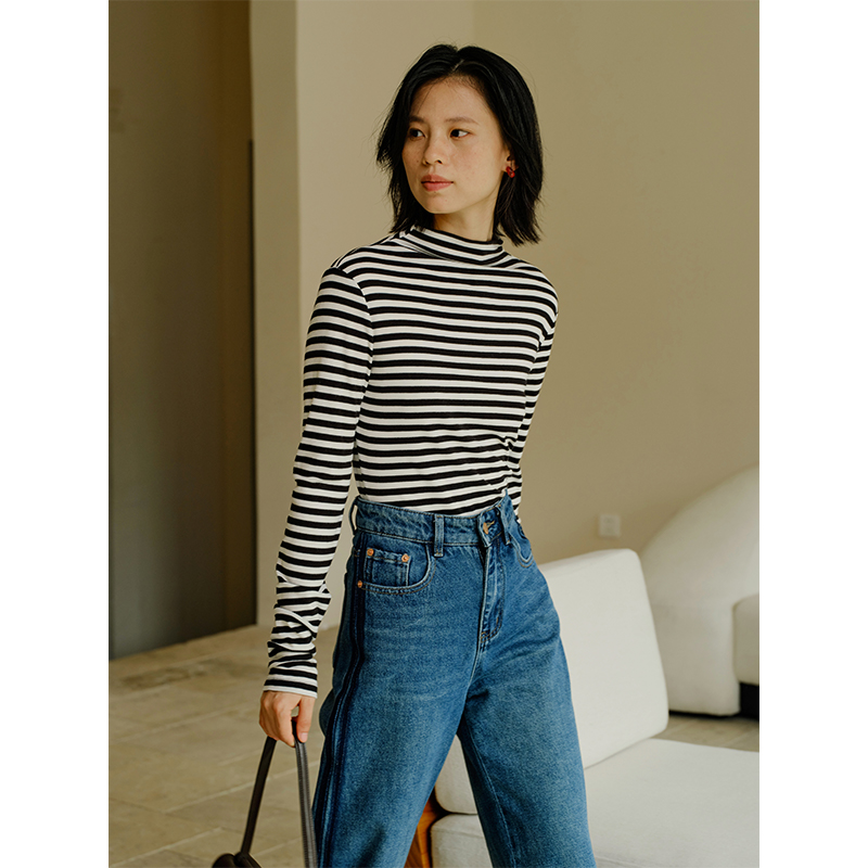 HeyDress黑白条纹针织衫女秋季高领打底衫复古修身显瘦百搭上衣