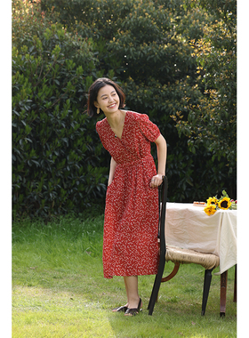 HeyDress法式碎花连衣裙女夏季复古V领显瘦温柔气质度假红色裙子1