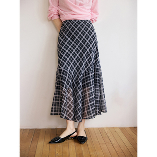 HeyDress复古格纹半身裙女春季 斜裁拼接鱼尾裙飘逸设计感裙子 法式