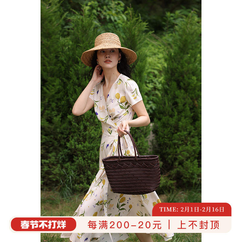 HeyDress原创柠檬印花裹身连衣裙女夏季法式度假气质碎花茶歇裙子