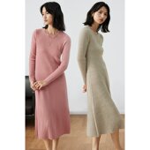 HeyDress羊毛针织连衣裙女秋冬毛衣长裙显瘦高级感长袖 米白色裙子