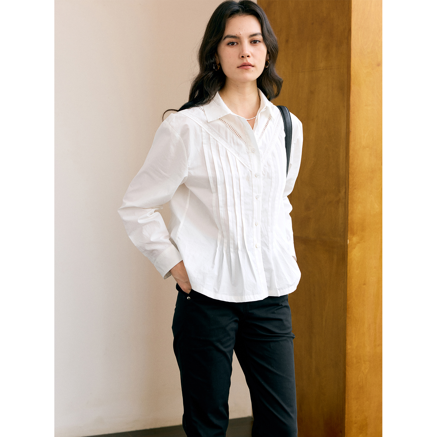 HeyDress法式复古白衬衫女秋季翻领压褶设计纯棉衬衣百搭简约上衣