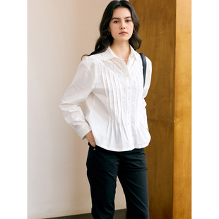 翻领压褶设计纯棉衬衣百搭简约上衣 女春季 HeyDress法式 复古白衬衫